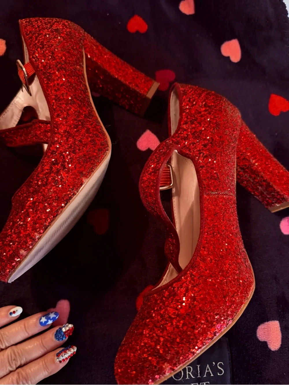 Red Glitter Mary Jane Block Heel Pumps
